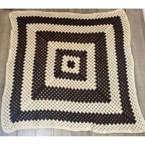 Granny Square Boho Afghan Crochet Handmade Blanket Brown And Cream 49"X52"